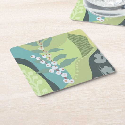 白い果実ミックスグリーン色ブロックモダン スクエアペーパーコースター (アングル)