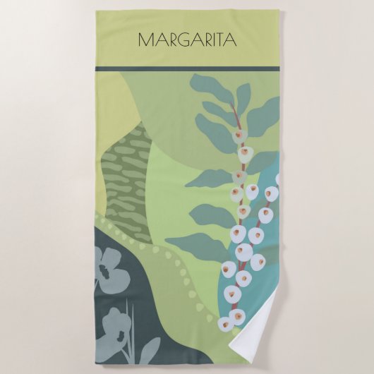 白い果実ミックスグリーン色ブロックモダン ビーチタオル (正面)