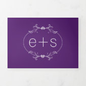 白い枠とイニシャルモノグラム紫結婚の 三つ折り招待状 (カバー)