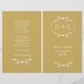 白い枠、イニシャル折り金ゴールド結婚式プログラム (正面)