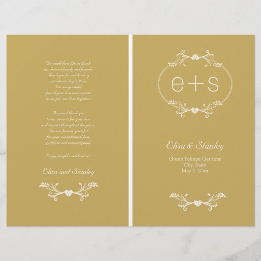 白い枠、イニシャル折り金ゴールド結婚式プログラム (正面)