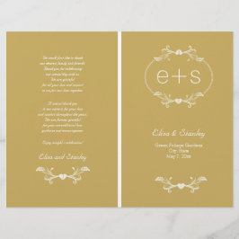白い枠、イニシャル折り金ゴールド結婚式プログラム