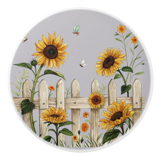 白い柵に沿ったひまわり セラミックノブ (正面)