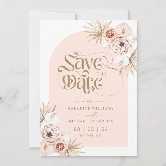 白い桃のピンクの花のSave The Date ご案内 セーブザデート (正面)