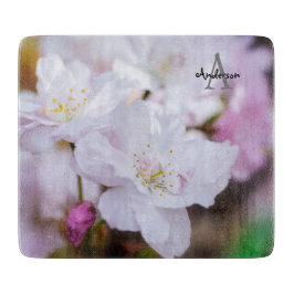 白い桜の花のガラスのまな板 カッティングボード