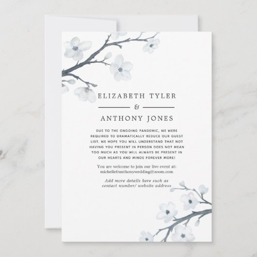 白い桜の花の結婚式のゲストリスト縮小のお知らせ 案内状 (正面)