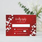 白い桜の赤いRSVP結婚式 出欠カード (スタンド正面)