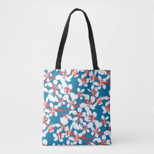 白い桜、クラシックの青い背景パターン。 トートバッグ