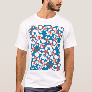 白い桜、クラシックの青い背景パターン。 Tシャツ