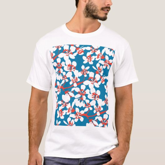 白い桜、クラシックの青い背景パターン。 Tシャツ (正面)