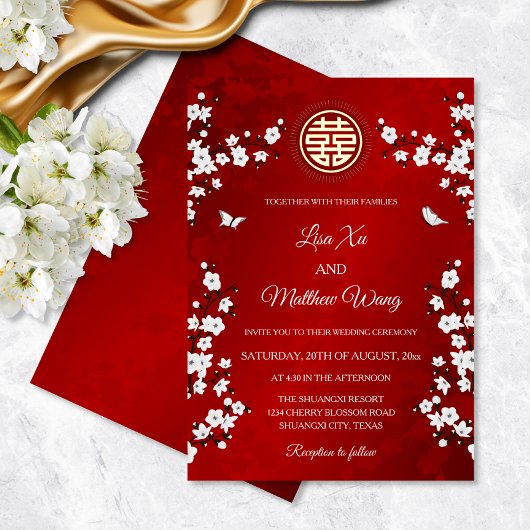 白い桜 | 赤い中国の結婚式 箔招待状