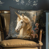 白い森のユニコーン ピンクの蘭 ファンタジー城 クッション