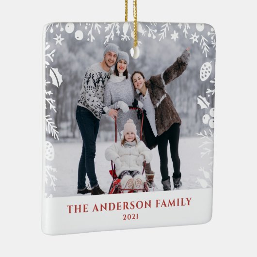 白い植物性のクリスマスファミリーの写真オーバーレイ セラミックオーナメント (右)