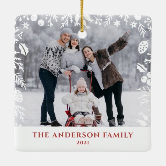 白い植物性のクリスマスファミリーの写真オーバーレイ セラミックオーナメント (裏面)