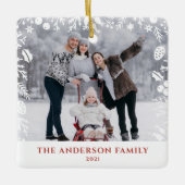 白い植物性のクリスマスファミリーの写真オーバーレイ セラミックオーナメント (正面)