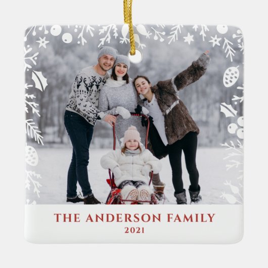 白い植物性のクリスマスファミリーの写真オーバーレイ セラミックオーナメント (正面)
