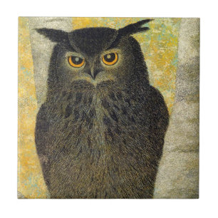 白い樺の木と角を持つフクロウ·勝田雪男鳥絵 タイル