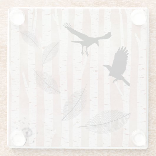 白い樺の木林でカラスを殺害しようとした ガラスコースター (裏面)