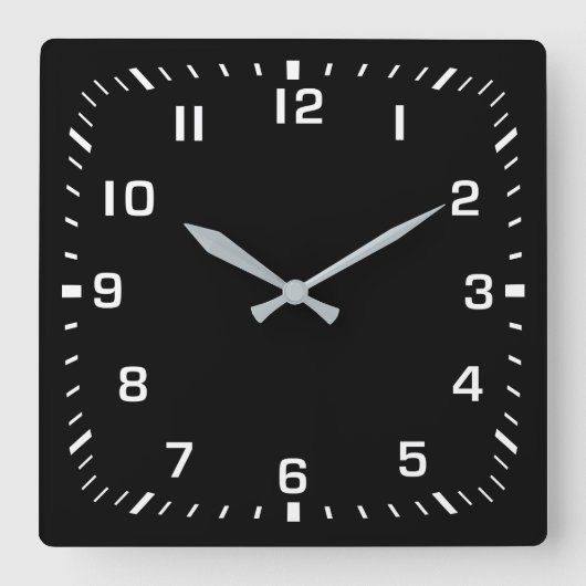 白い正方形の番号のフェイスプレート（黒） スクエア壁時計 (正面)