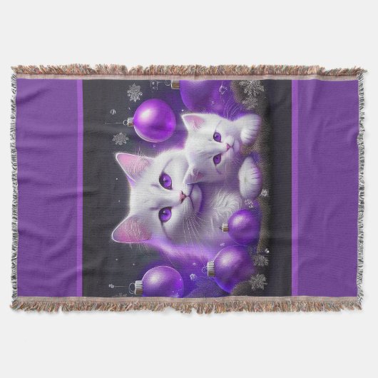白い母猫と子猫の紫のクリスマスシーン スローブランケット (正面)