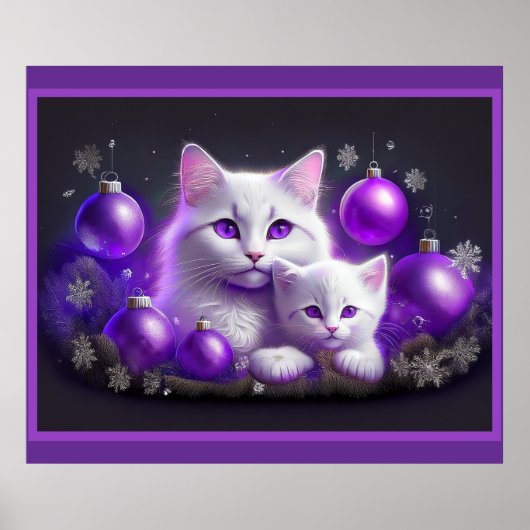 白い母猫と子猫の紫のクリスマスシーン ポスター (正面)