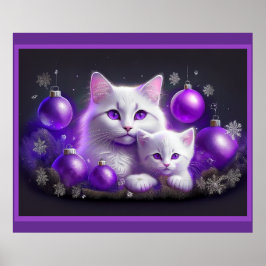 白い母猫と子猫の紫のクリスマスシーン ポスター