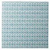 白い民族パターン、花、シェブロンのティール(緑がかった色) タイル (正面)