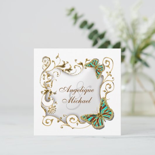 白い水の金ゴールドの国の結婚式 招待状 (スタンド正面)