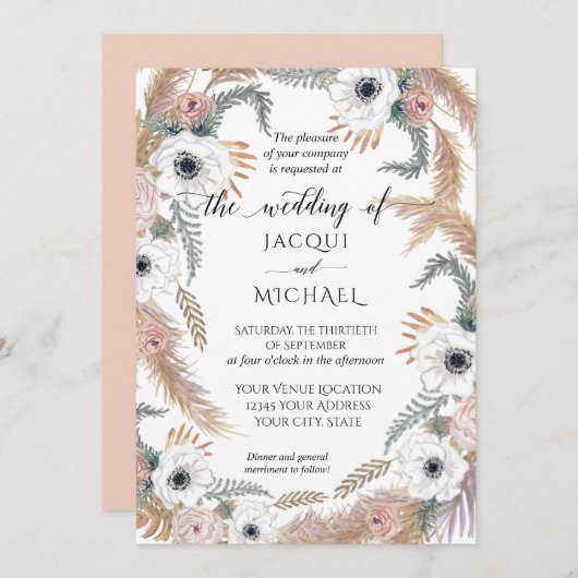 白い水彩フローラBOHOパンパスグラストロピカル 招待状 (正面/裏面)