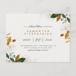 白い水彩画のマグノリアの花柄のブライダルシャワー インビテーションポストカード