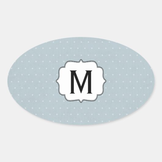 白い水玉模様で青淡い色の枠のモノグラム 楕円形シール (正面)