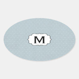 白い水玉模様で青淡い色の枠のモノグラム 楕円形シール