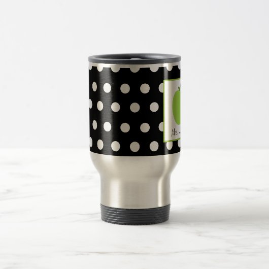 白い水玉模様との先生のマグの緑のAppleの黒 トラベルマグ (中央)