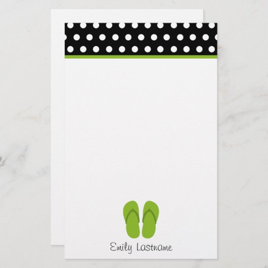 白い水玉模様との緑のビーチサンダル/黒 便箋 (正面/裏面)
