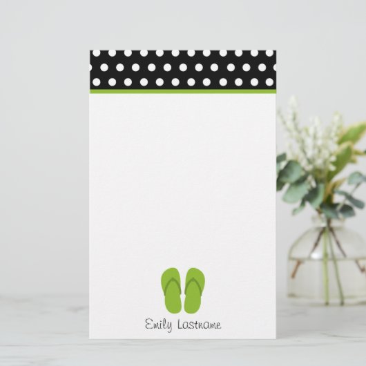 白い水玉模様との緑のビーチサンダル/黒 便箋 (スタンド正面)
