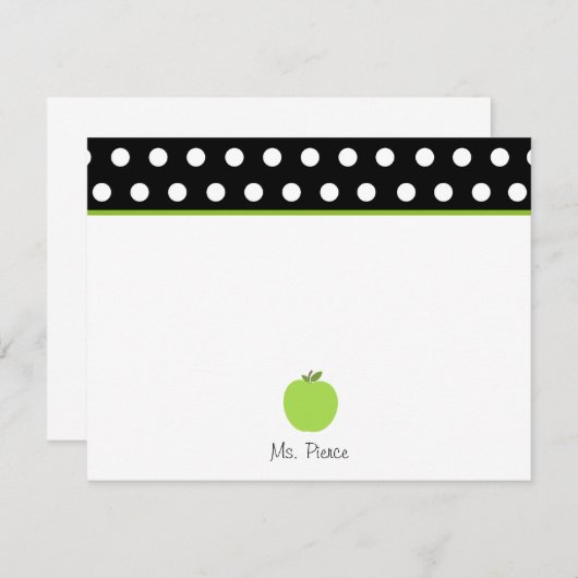 白い水玉模様との緑のApple/黒 ノートカード (正面/裏面)