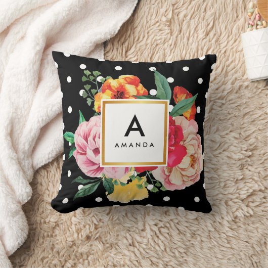 白い水玉模様の水彩画のシャクヤクによってはモノグラムが開花します クッション (ブランケット)