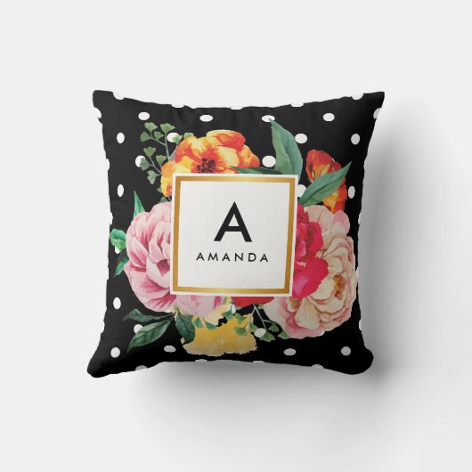 白い水玉模様の水彩画のシャクヤクによってはモノグラムが開花します クッション (裏面)