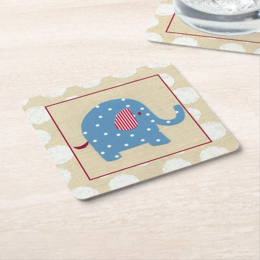白い水玉模様を持つ青い象 スクエアペーパーコースター (アングル)
