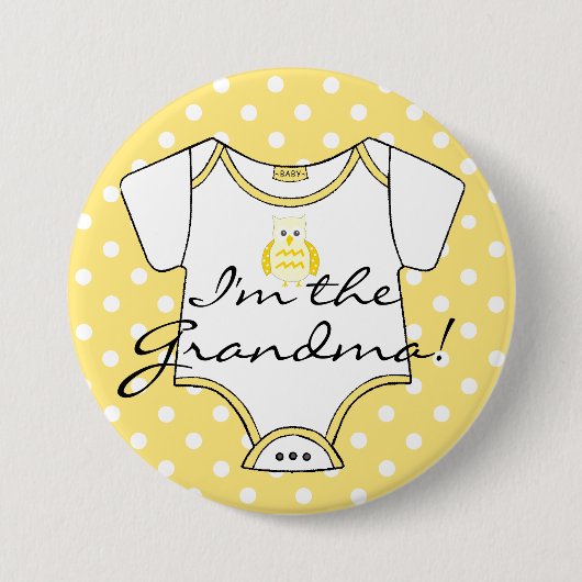 白い水玉模様を持つ黄色いフクロウ私は祖母です 缶バッジ (正面)