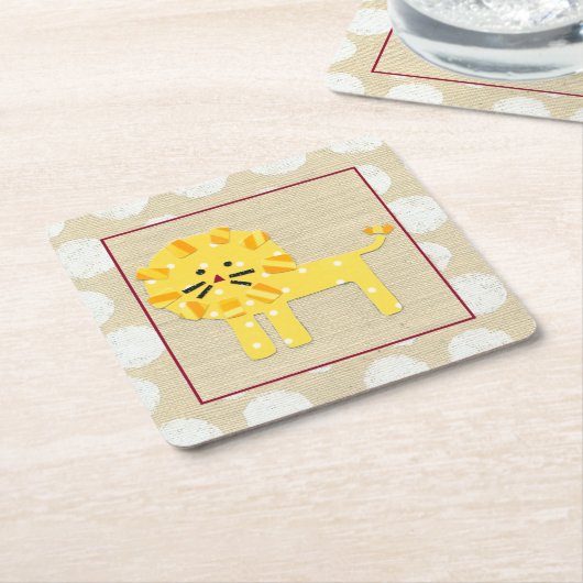 白い水玉模様を持つ黄色いライオン スクエアペーパーコースター (アングル)
