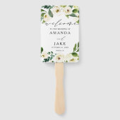 白い水色の花緑の結婚歓迎 ハンドファン (裏面)