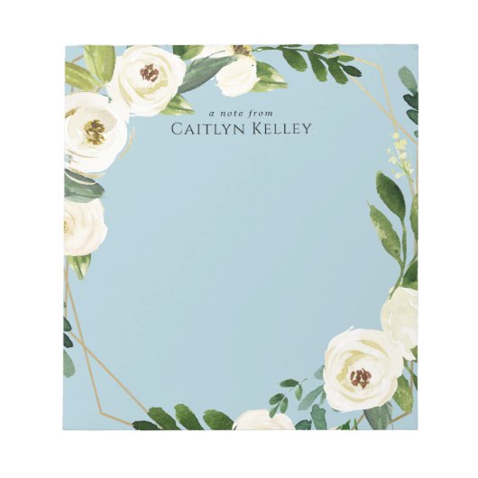 白い水色の花、青パーソナライズされた ノートパッド (正面)