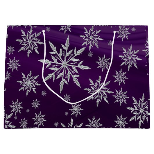 白い氷晶が付いている紫色のクリスマスの星 ラージペーパーバッグ (正面)