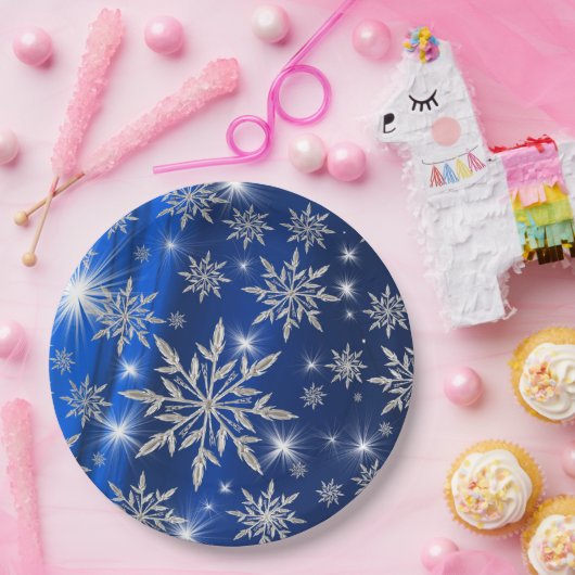白い氷晶が付いている青いクリスマスの星 ペーパープレート (パーティー)