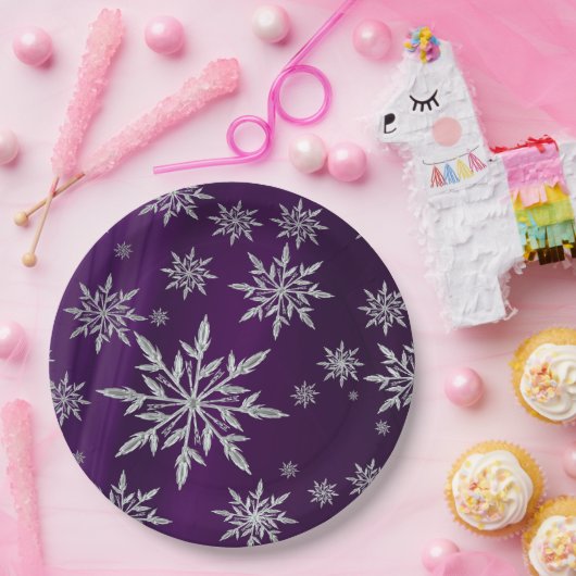 白い氷結晶を持つ紫のクリスマス星 ペーパープレート (パーティー)