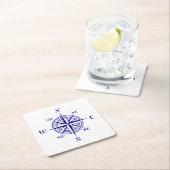 白い沿岸装飾のコンパス面図の濃紺 スクエアペーパーコースター (インサイチュ)