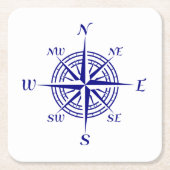 白い沿岸装飾のコンパス面図の濃紺 スクエアペーパーコースター (正面)