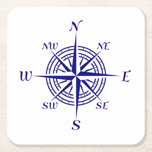 白い沿岸装飾のコンパス面図の濃紺 スクエアペーパーコースター (正面)