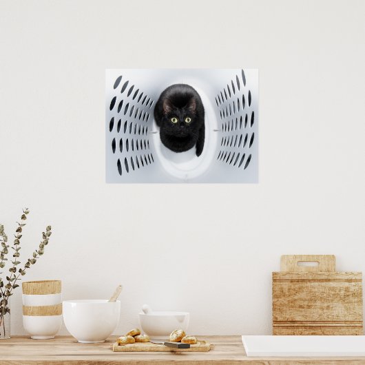白い洗濯場から見上げた黒猫 ポスター (キッチン)
